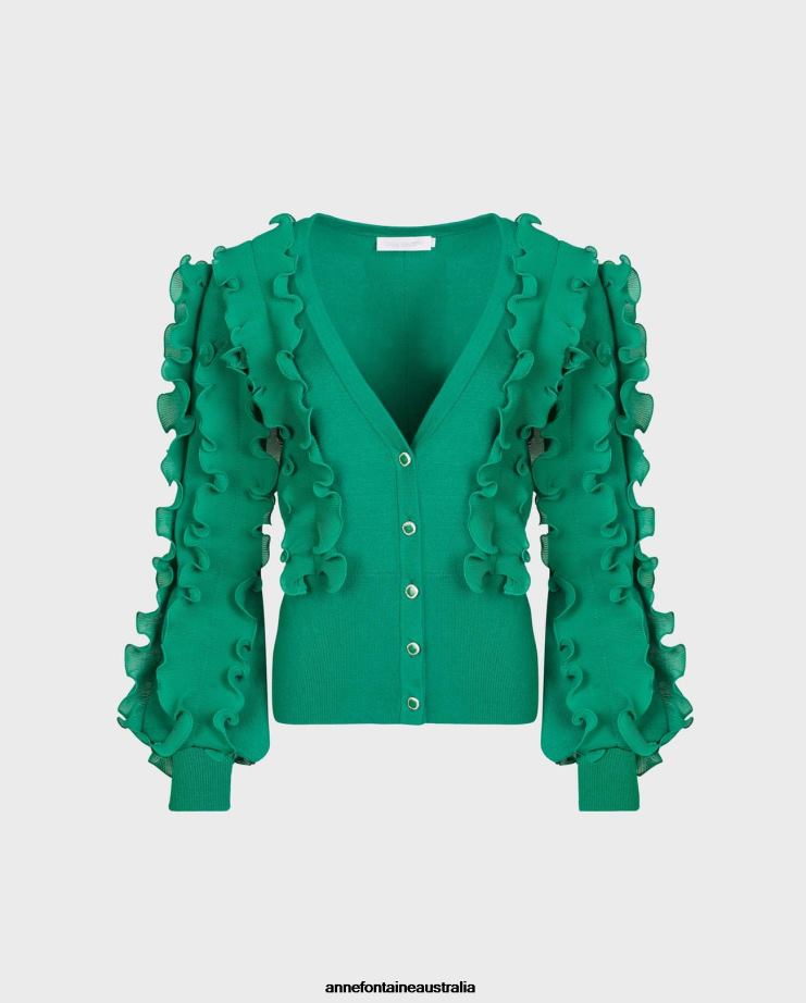 Anne Fontaine Clothing 2VZRJ476 Women Ciline Cardigan Long Sleeve Mint Cardigan With Ruffles and Deep V-Neckline Green