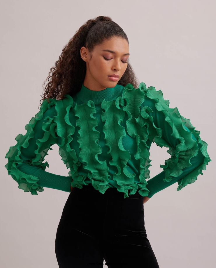 Anne Fontaine Clothing 2VZRJ477 Women Sidaline Sweater Pleated Ruffle Sweater With Mock Neck Mint