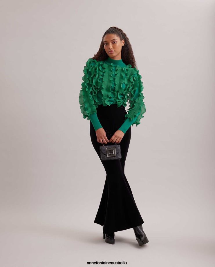 Anne Fontaine Clothing 2VZRJ477 Women Sidaline Sweater Pleated Ruffle Sweater With Mock Neck Mint
