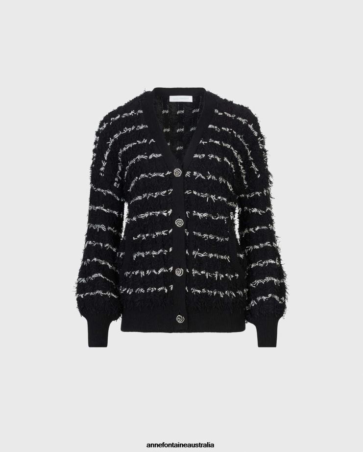 Anne Fontaine Clothing 2VZRJ478 Women Parnasse Cardigan Long Sleeve V-Neck Cardigan With and Textured Trim Black/White