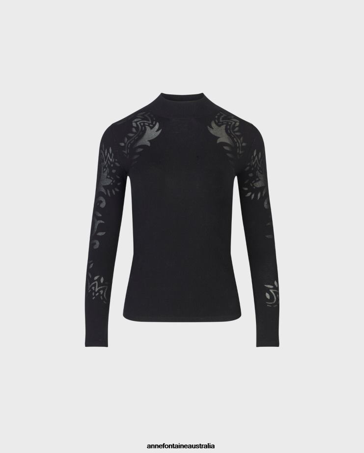 Anne Fontaine Clothing 2VZRJ479 Women Rosine Top Thin Knit Mock Neck Sweater With Abstract Burnout Patterns Black