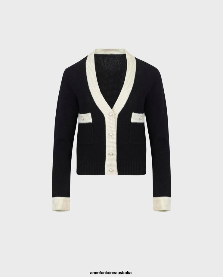 Anne Fontaine Clothing 2VZRJ481 Women Script Cardigan Long Sleeve Wool-Blend Cropped Cardigan Black