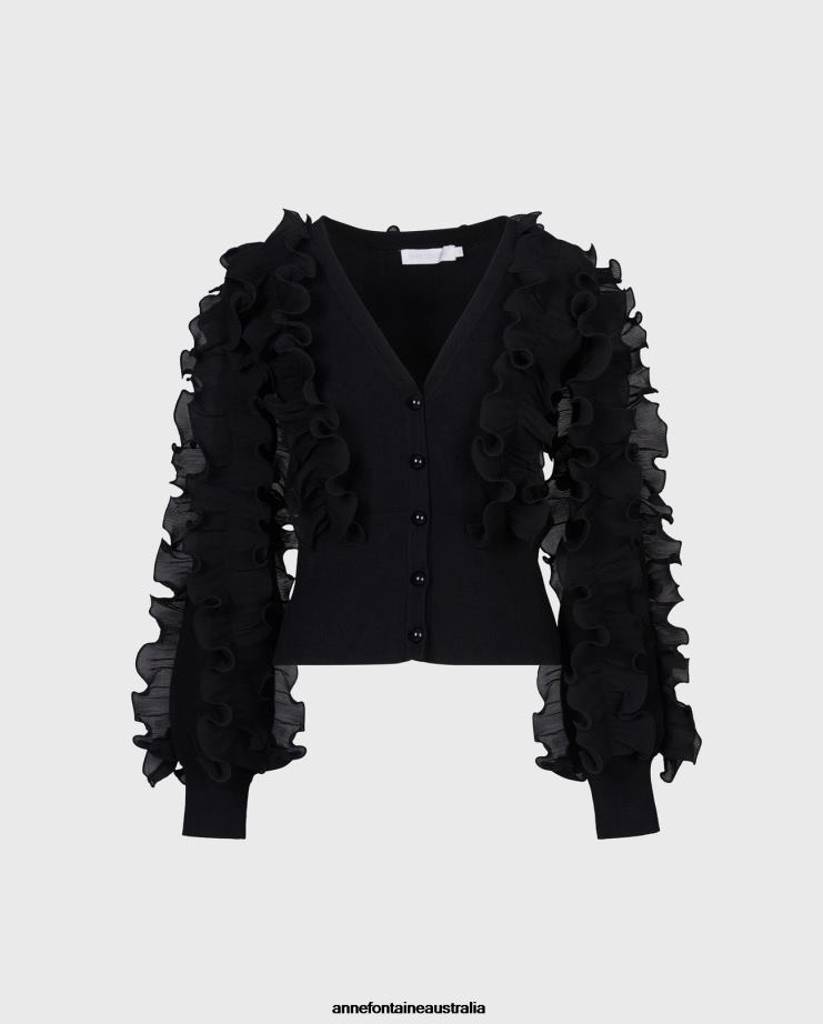 Anne Fontaine Clothing 2VZRJ482 Women Ciline Cardigan long sleeve ruffle cardigan Black