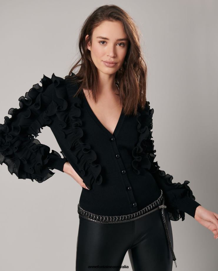 Anne Fontaine Clothing 2VZRJ482 Women Ciline Cardigan long sleeve ruffle cardigan Black