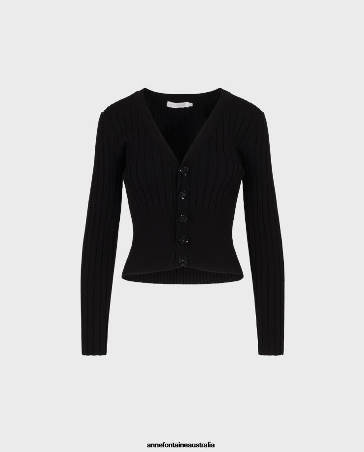 Anne Fontaine Clothing 2VZRJ483 Women Solfege Cardigan Long Sleeve V-Neck Cardigan Black