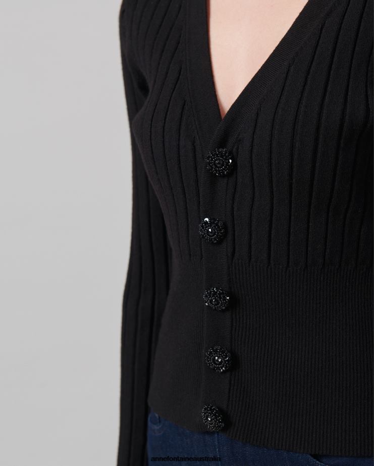 Anne Fontaine Clothing 2VZRJ483 Women Solfege Cardigan Long Sleeve V-Neck Cardigan Black