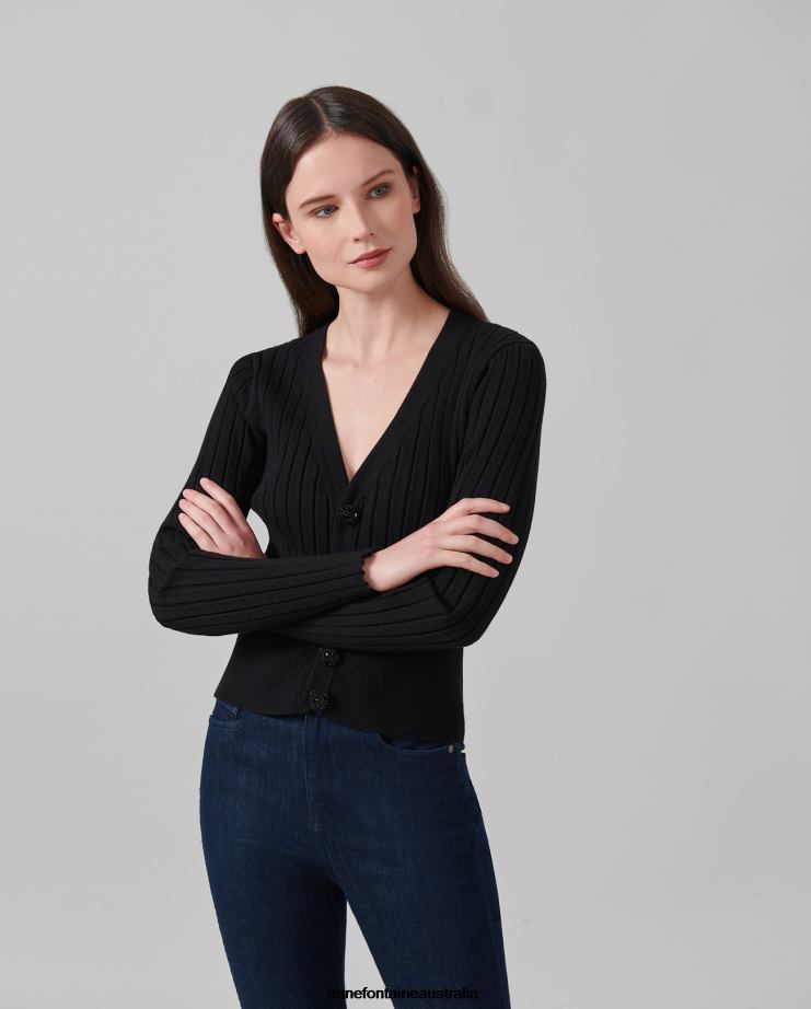 Anne Fontaine Clothing 2VZRJ483 Women Solfege Cardigan Long Sleeve V-Neck Cardigan Black