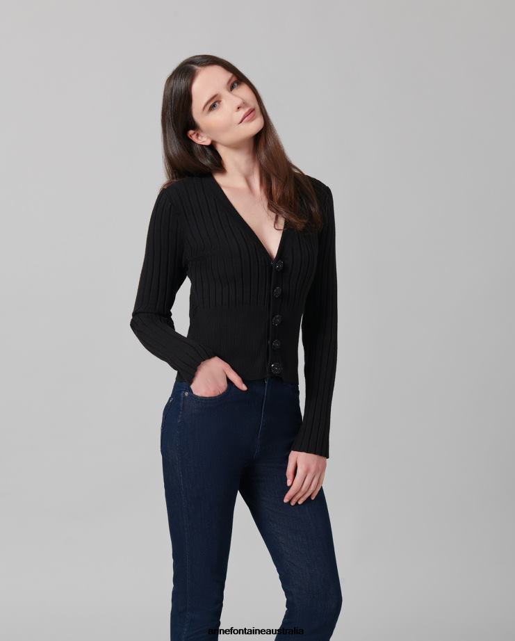 Anne Fontaine Clothing 2VZRJ483 Women Solfege Cardigan Long Sleeve V-Neck Cardigan Black