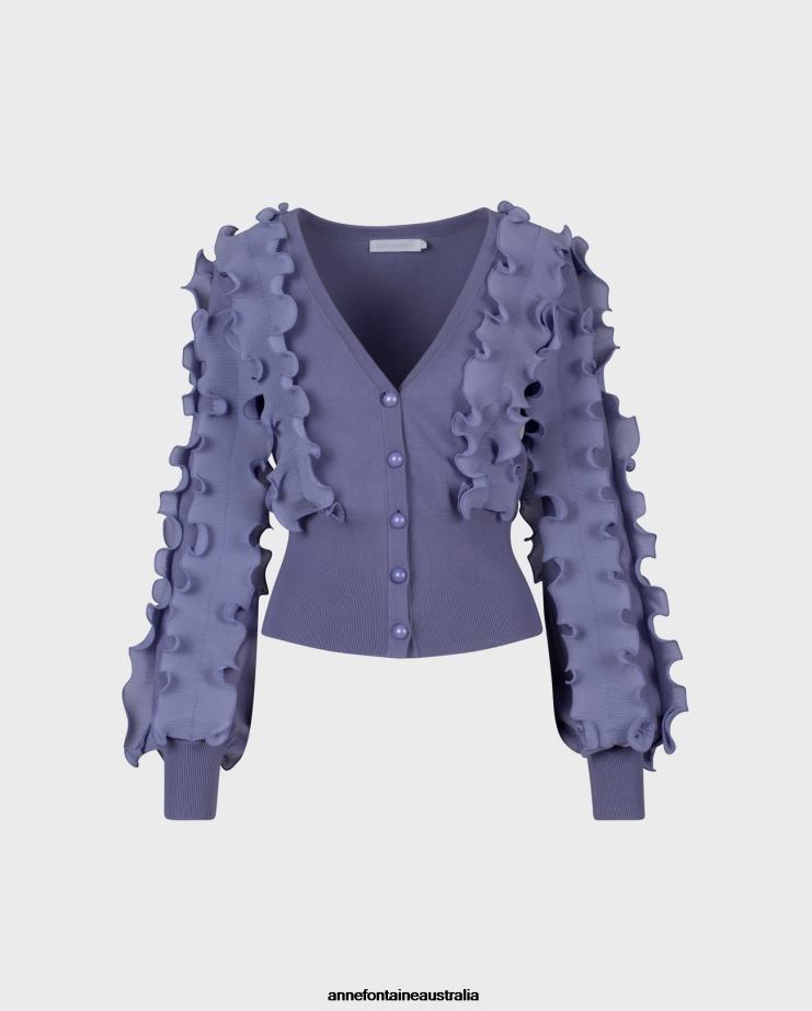 Anne Fontaine Clothing 2VZRJ484 Women Ciline Cardigan Long Sleeve Ruffle Covered Cardigan With Deep V-Neckline Purple