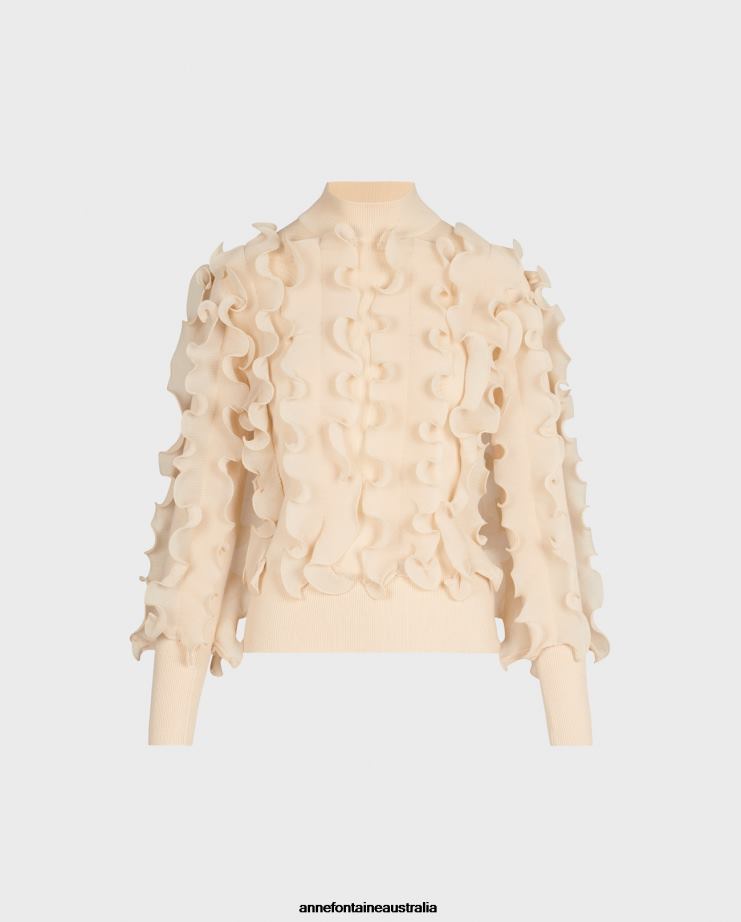 Anne Fontaine Clothing 2VZRJ485 Women Sidaline Sweater Long Sleeve Sweater With Pleated Ruffles Brown/Sand