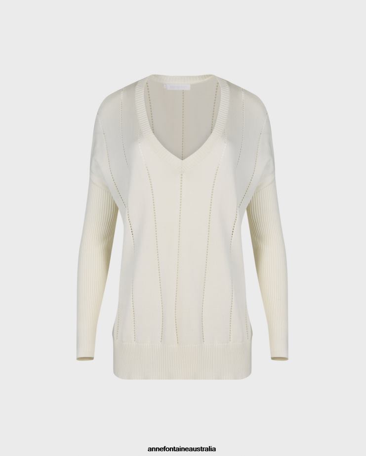 Anne Fontaine Clothing 2VZRJ486 Women Imanol Sweater Long Sleeve Oversized V-Neck Sweater White