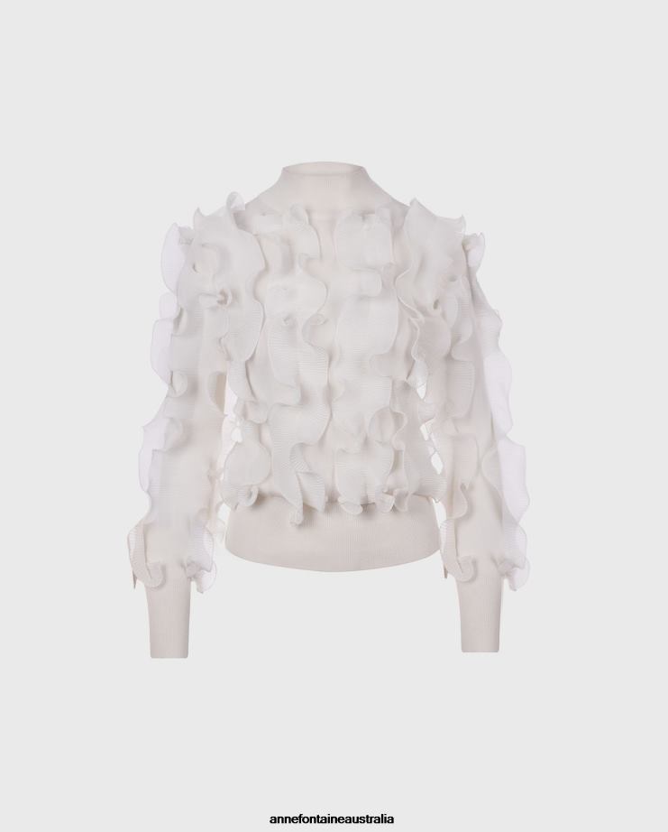 Anne Fontaine Clothing 2VZRJ487 Women Sidaline Sweater knit pleated ruffle sweater with mock neck White