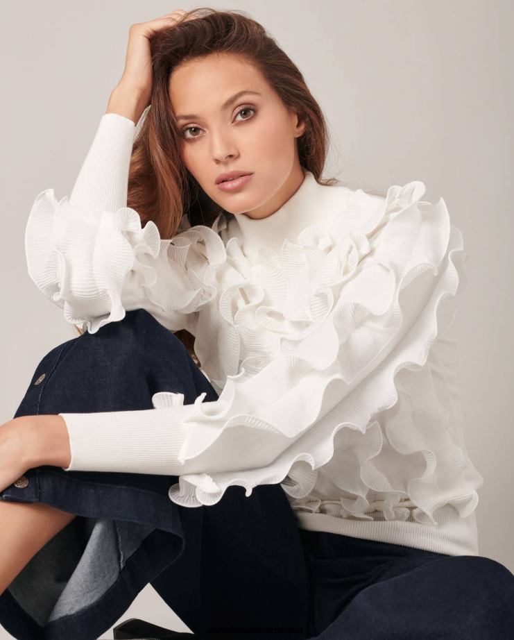 Anne Fontaine Clothing 2VZRJ487 Women Sidaline Sweater knit pleated ruffle sweater with mock neck White