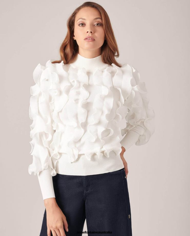 Anne Fontaine Clothing 2VZRJ487 Women Sidaline Sweater knit pleated ruffle sweater with mock neck White