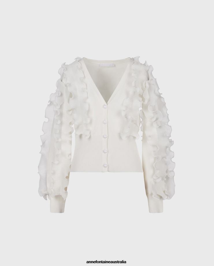 Anne Fontaine Clothing 2VZRJ488 Women Ciline Cardigan Long Sleeve ruffle covered cardigan White
