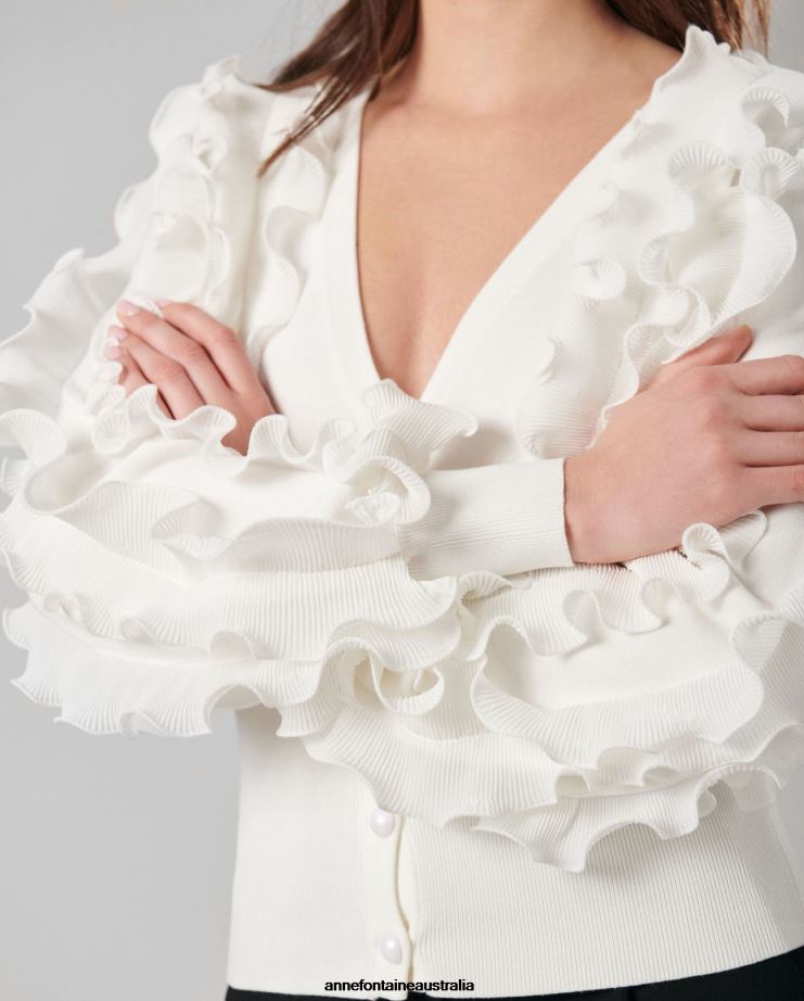 Anne Fontaine Clothing 2VZRJ488 Women Ciline Cardigan Long Sleeve ruffle covered cardigan White