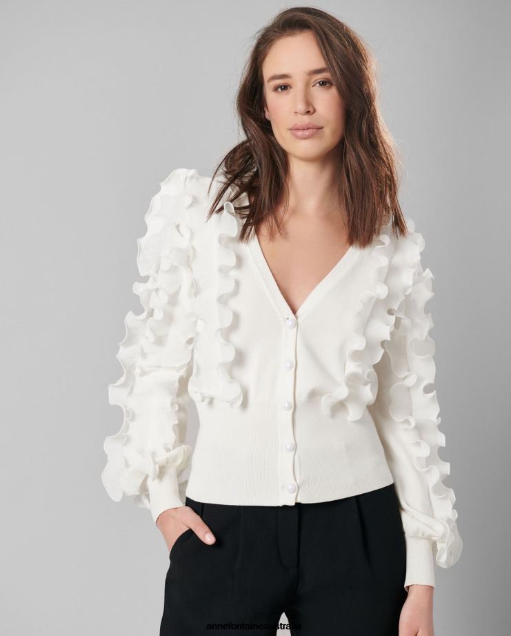 Anne Fontaine Clothing 2VZRJ488 Women Ciline Cardigan Long Sleeve ruffle covered cardigan White