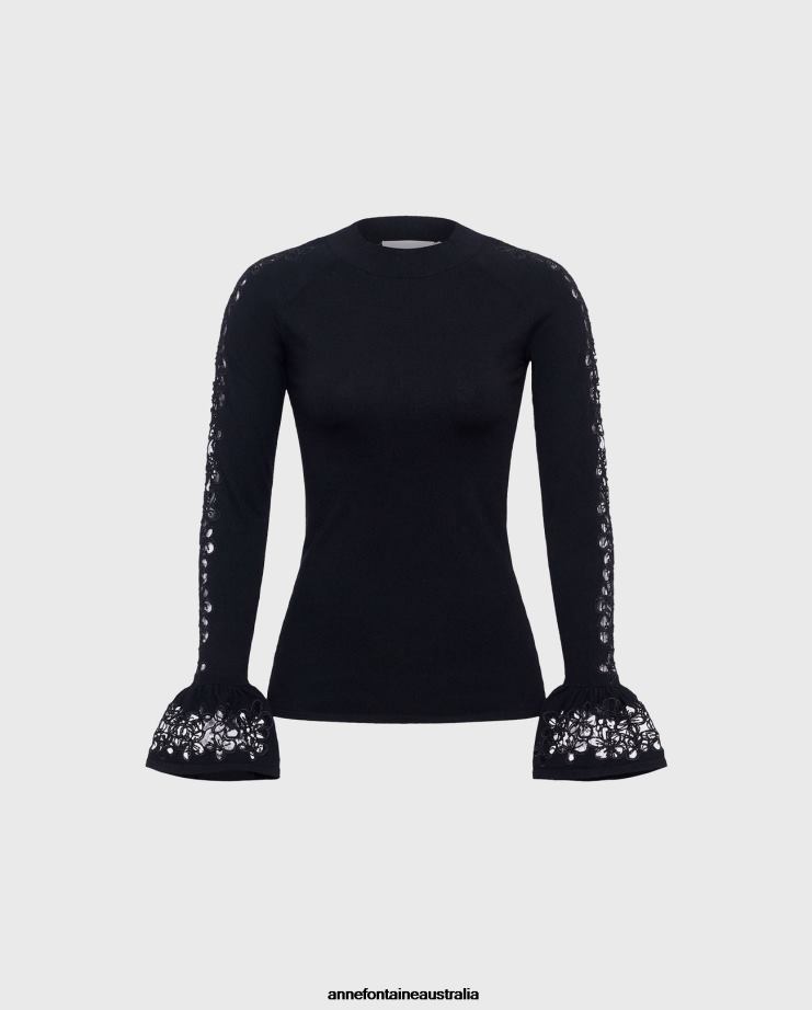 Anne Fontaine Clothing 2VZRJ490 Women Sophie Sweater Long Sleeve Knit Sweater With Ruffles Cuffs Black