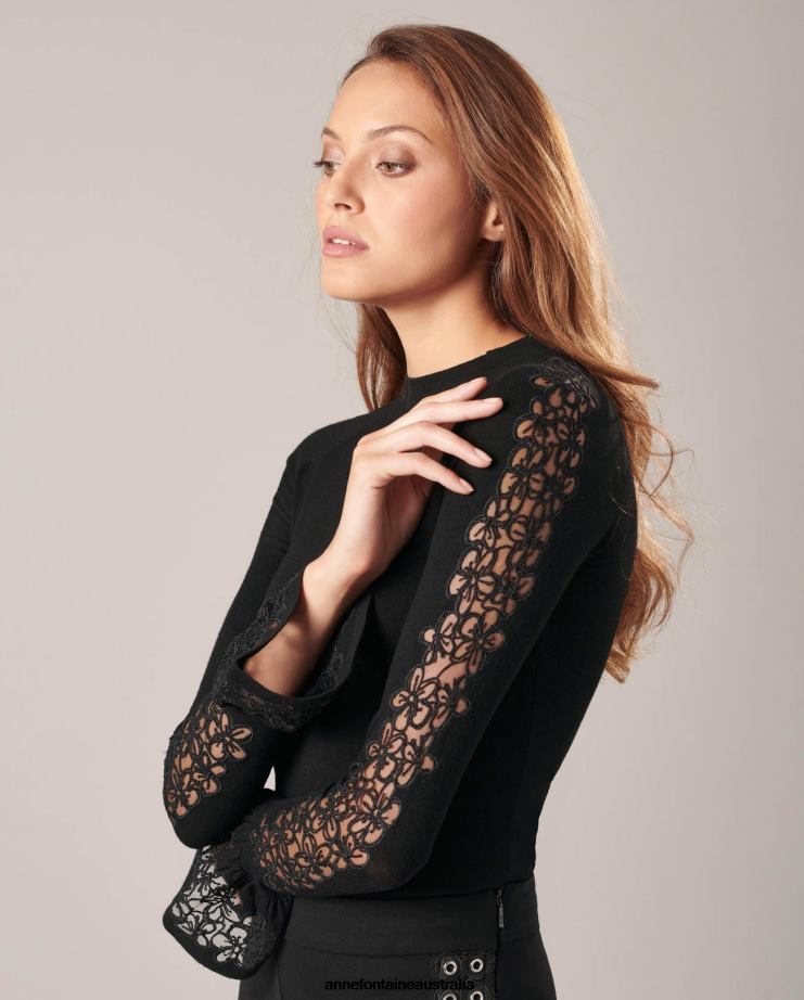 Anne Fontaine Clothing 2VZRJ490 Women Sophie Sweater Long Sleeve Knit Sweater With Ruffles Cuffs Black