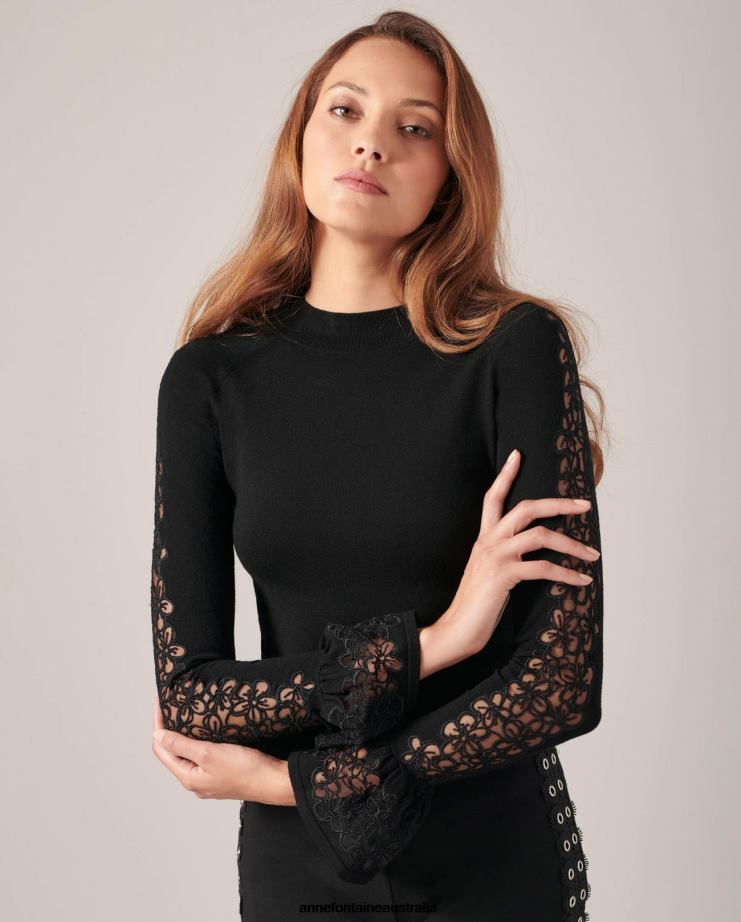 Anne Fontaine Clothing 2VZRJ490 Women Sophie Sweater Long Sleeve Knit Sweater With Ruffles Cuffs Black