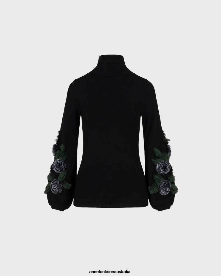 Anne Fontaine Clothing 2VZRJ491 Women Cadence Sweater Long Sleeve Turtleneck With and Floral Appliques Black/White