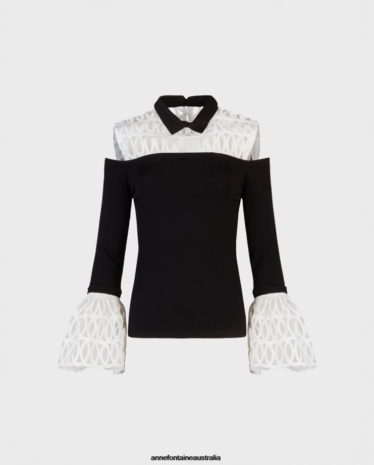 Anne Fontaine Clothing 2VZRJ493 Women Felicita Blouse Top With Removable Yoke and Cuffs Black/White