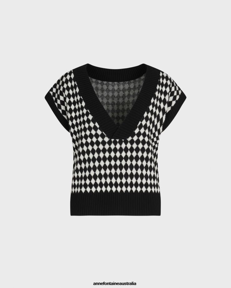 Anne Fontaine Clothing 2VZRJ494 Women Mineur Vest Cap Sleeve Knit Sweater Vest with and Houndstooth Pattern Black/White