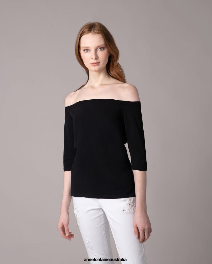 Anne Fontaine Clothing 2VZRJ495 Women Persane Sweater Knit Sweater With Embroidered Leaf Design Black/White