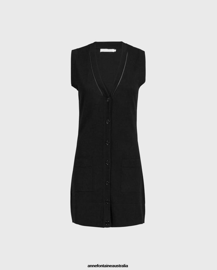 Anne Fontaine Clothing 2VZRJ496 Women Ribella Cardigan Longline V-Neck Sleeveless Button Down Cardigan Black