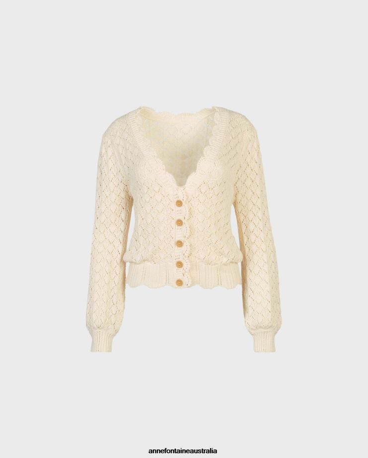 Anne Fontaine Clothing 2VZRJ498 Women Olive Cardigan Cream Crochet Knit Cardigan With Scalloped Trims Beige