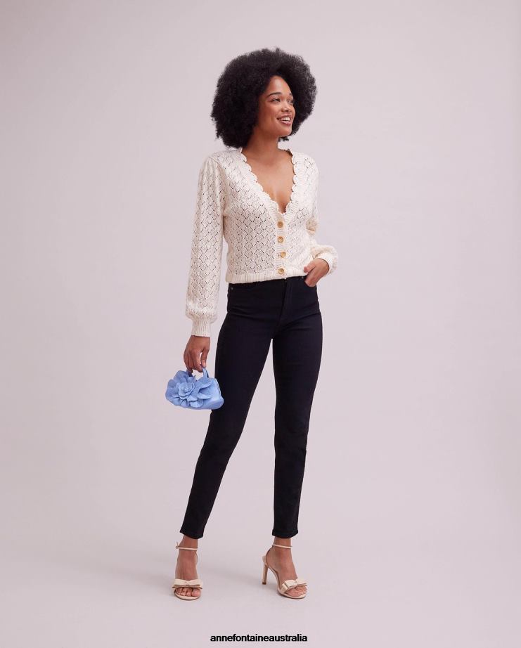 Anne Fontaine Clothing 2VZRJ498 Women Olive Cardigan Cream Crochet Knit Cardigan With Scalloped Trims Beige