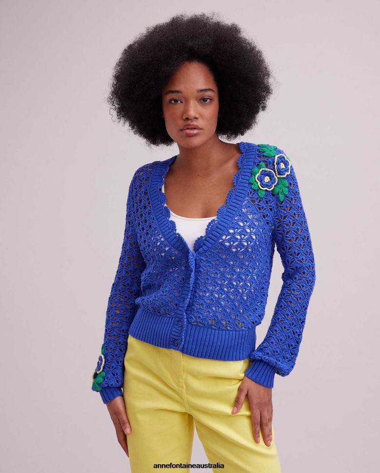 Anne Fontaine Clothing 2VZRJ499 Women Sunflower Cardigan Crochet Cardigan With Knitted Flower Details Blue