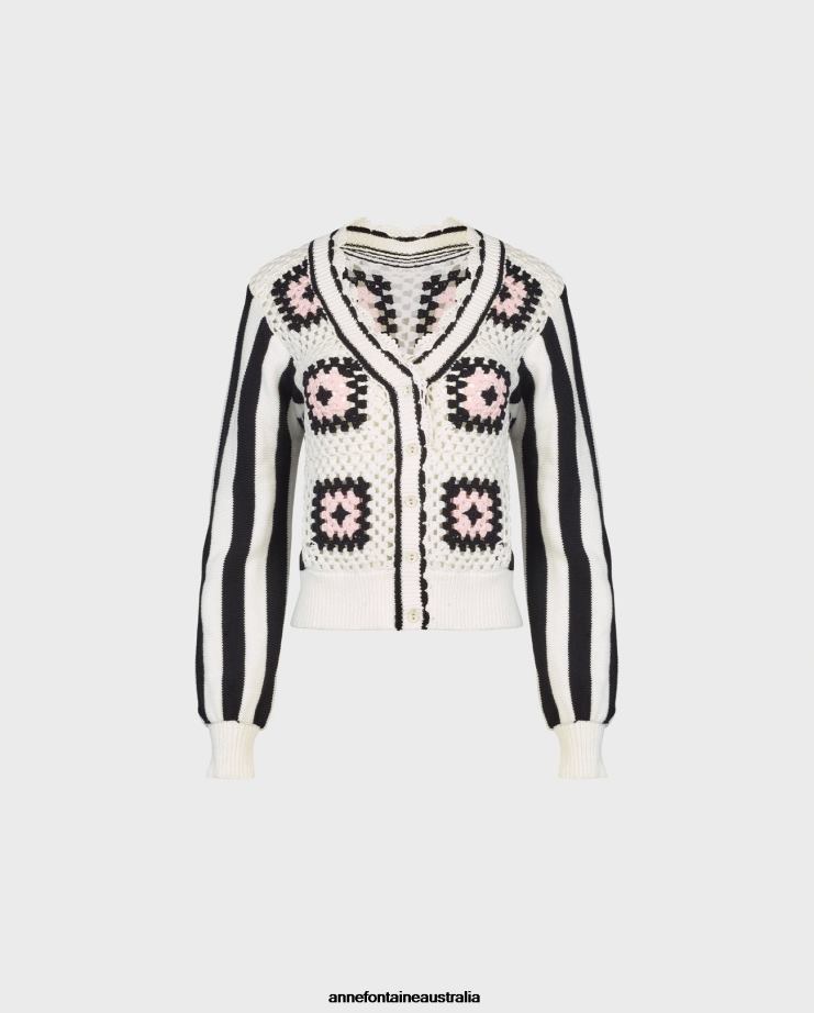 Anne Fontaine Clothing 2VZRJ500 Women Cubisme Cardigan and Crochet Knit Cardigan With Geometric Pattern Black/White