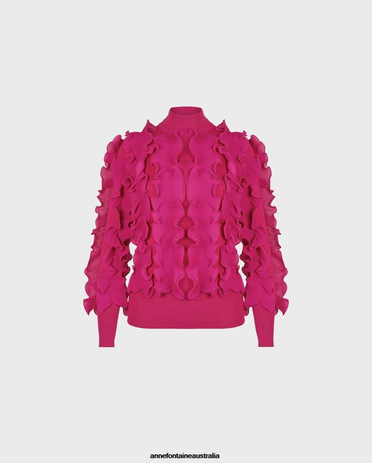 Anne Fontaine Clothing 2VZRJ501 Women Sidaline Sweater Pleated Ruffle Sweater With Mockneck Pink