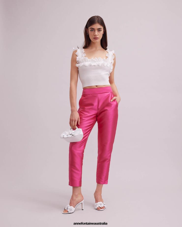 Anne Fontaine Clothing 2VZRJ312 Women Floral Pant Cropped Straight Leg Satin Pant Fuchsia