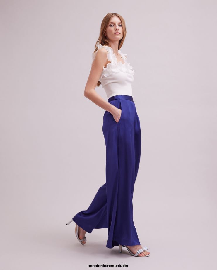 Anne Fontaine Clothing 2VZRJ323 Women Aubepine Pant Wide Leg Satin Pant Blue