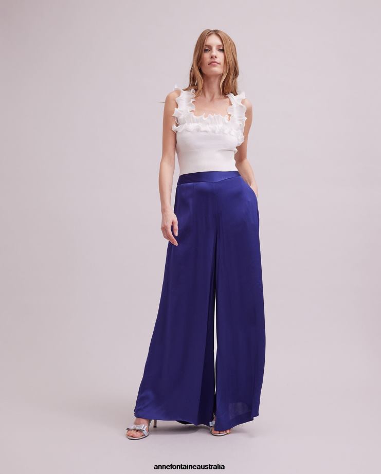 Anne Fontaine Clothing 2VZRJ323 Women Aubepine Pant Wide Leg Satin Pant Blue