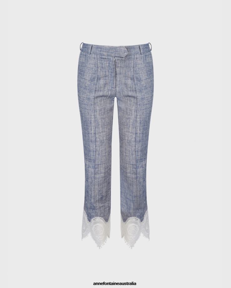 Anne Fontaine Clothing 2VZRJ333 Women Vince Pant Cropped Linen Pants With Lace Applique Blue