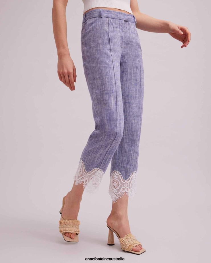 Anne Fontaine Clothing 2VZRJ333 Women Vince Pant Cropped Linen Pants With Lace Applique Blue
