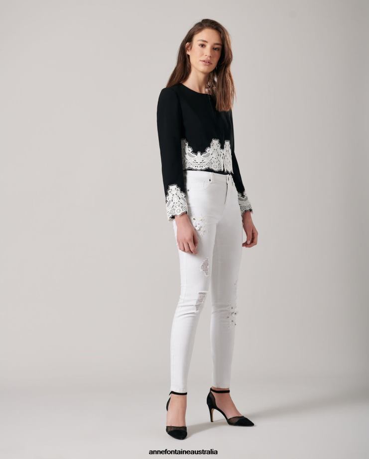 Anne Fontaine Clothing 2VZRJ351 Women Vala Denim Jean Stretch Denim Jeans With Embroidered and Jeweled Flowers White