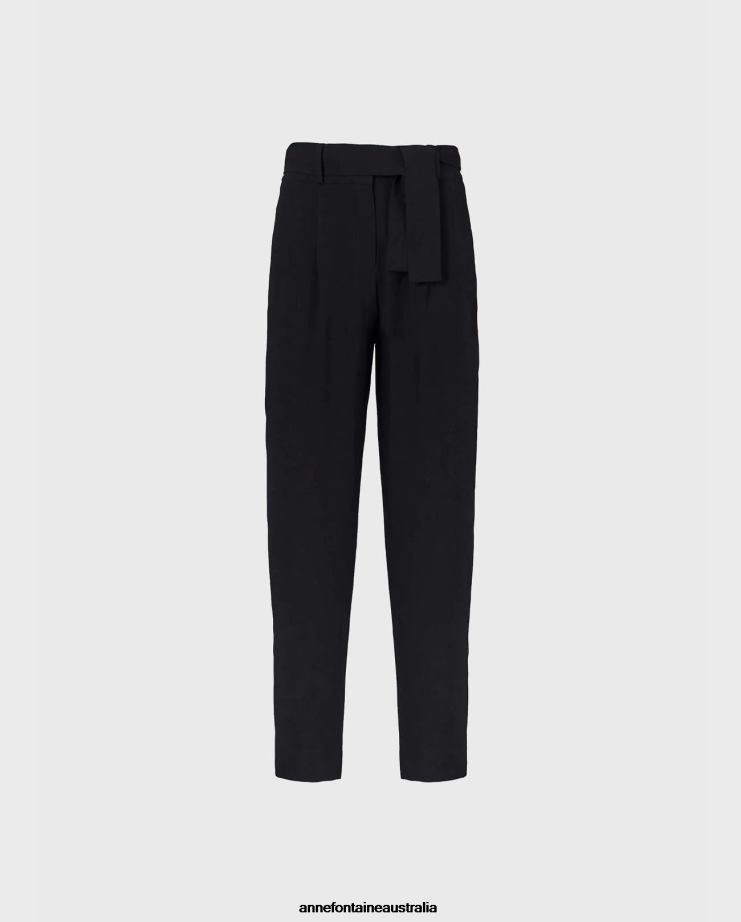 Anne Fontaine Clothing 2VZRJ356 Women Lester Pant Ankle Length Pants With Front Pleats and Removable Belt Black