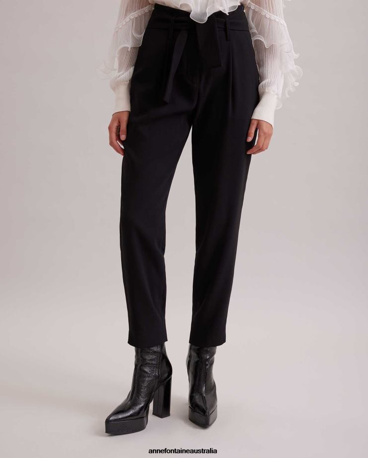 Anne Fontaine Clothing 2VZRJ356 Women Lester Pant Ankle Length Pants With Front Pleats and Removable Belt Black