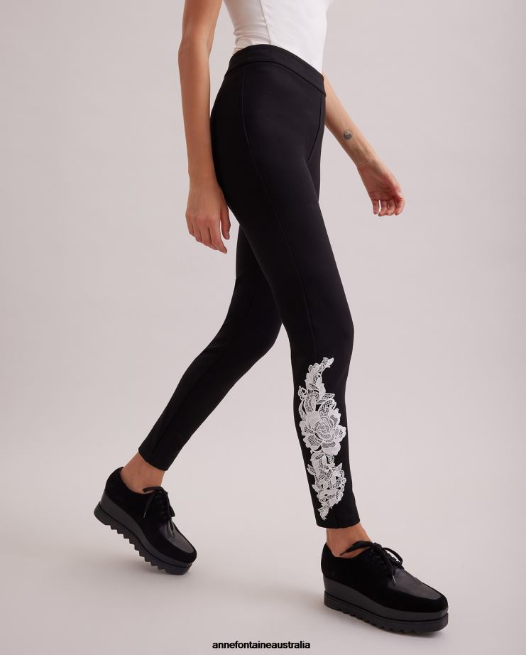 Anne Fontaine Clothing 2VZRJ363 Women Lucile Legging Knit Legging With Lace Applique Black/White