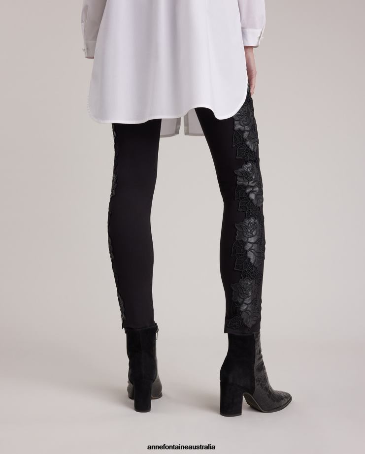 Anne Fontaine Clothing 2VZRJ382 Women Vonya Pant Full-Length Legging With Vertical Rose Appliques Black