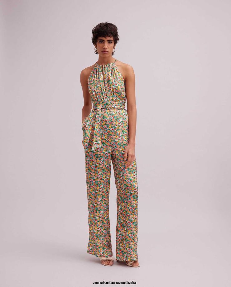 Anne Fontaine Clothing 2VZRJ384 Women Tropezien Jumpsuit Sleeveless Halter Jumpsuit With Allover Multicolor Mini Rose Print Orange