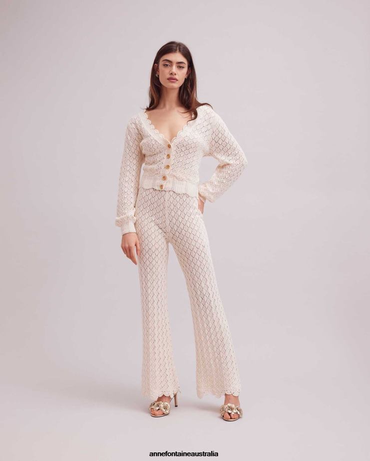 Anne Fontaine Clothing 2VZRJ387 Women Calanque Pant Cream Crochet Bell Bottom Pant Beige