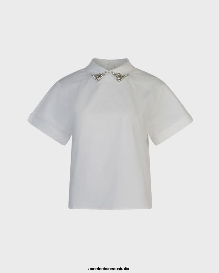 Anne Fontaine Clothing 2VZRJ125 Women Bastide Blouse Short Sleeve T-Shirt With Jeweled Point Collar White