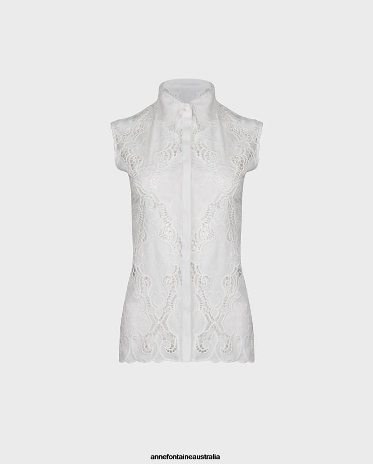 Anne Fontaine Clothing 2VZRJ126 Women Baie Shirt Sleeveless Eyelet Shirt White