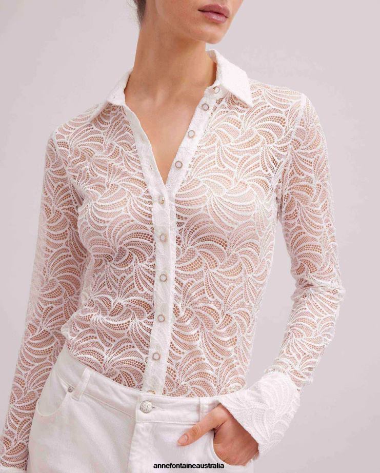 Anne Fontaine Clothing 2VZRJ128 Women Atelier Shirt Long Sleeve Lace Button Down Shirt White