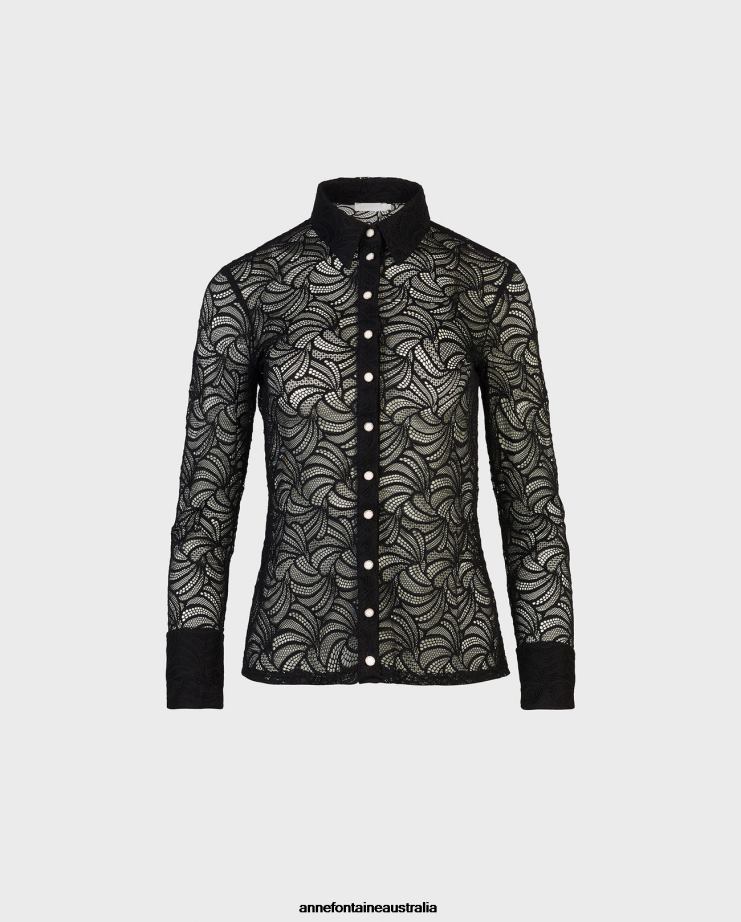 Anne Fontaine Clothing 2VZRJ129 Women Atelier Shirt Long Sleeve Lace Button Down Shirt Black